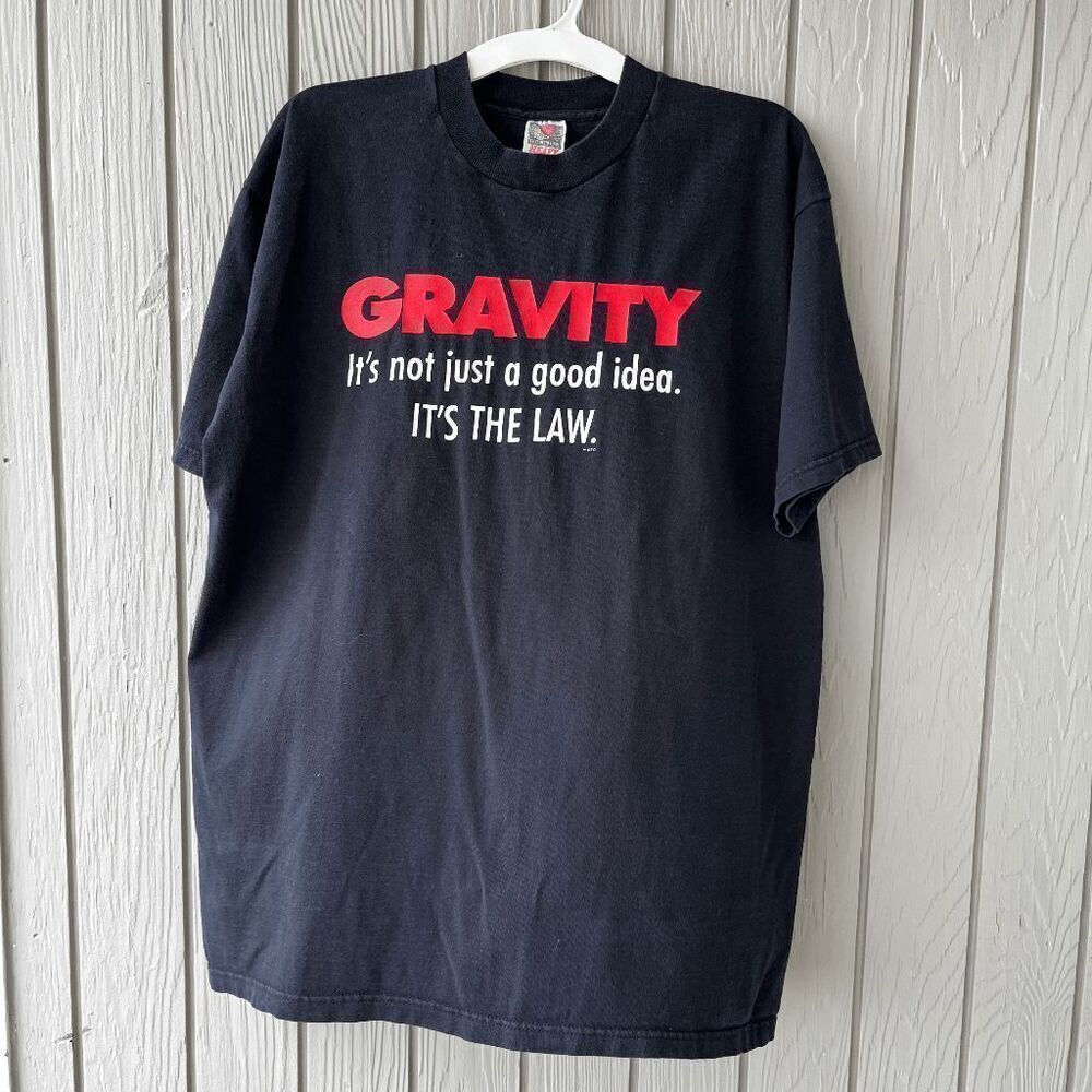Vintage 90s GRAVITY Slogan Tee | Fruit of the Loom XL Black T-Shirt